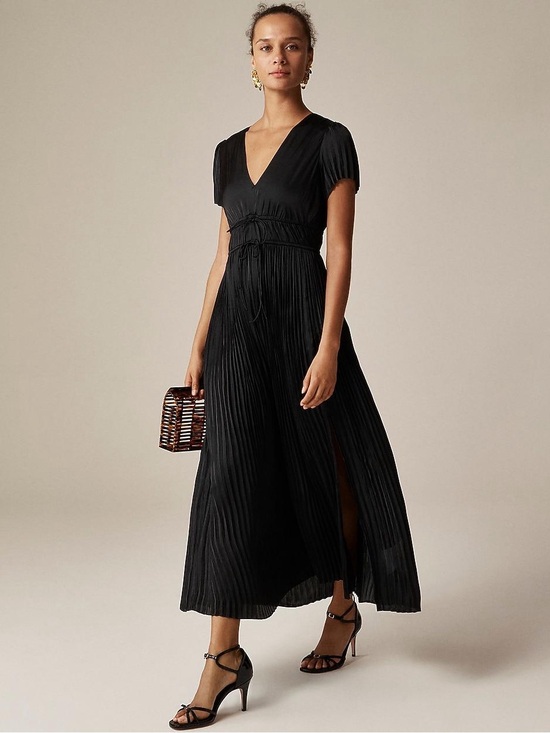 J. Crew Dresses & Skirts - J. Crew Black Pleated Tie Waist Dress in Luster Georgette Maxi Dress